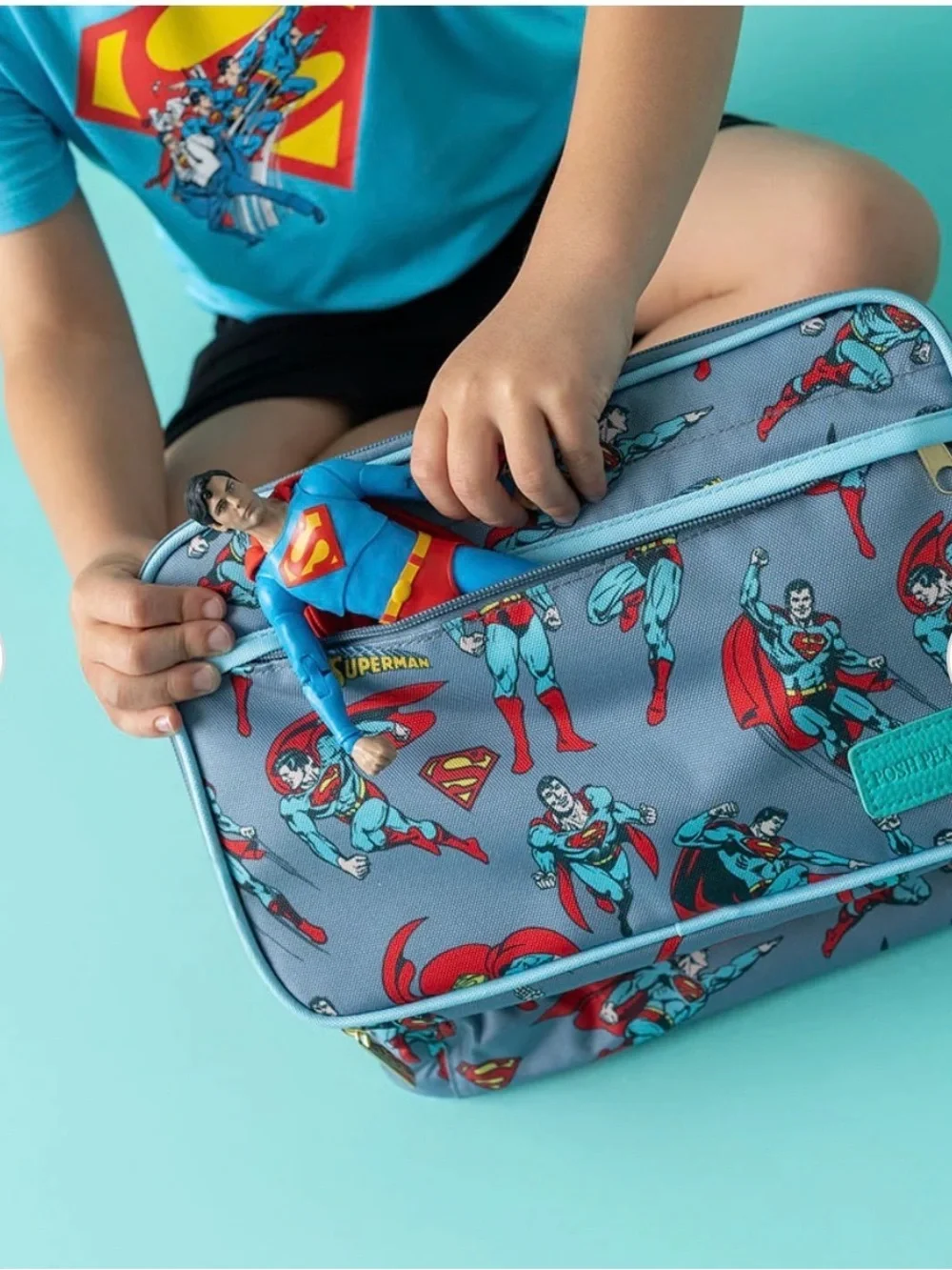 Posh Peanut Superman Lunch Bag - Light Blue with Red Accents